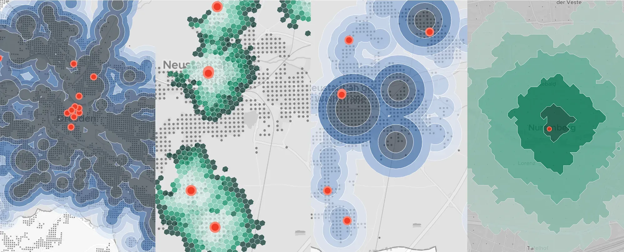 Four GOAT accessibility analyses around Christmas markets, the markets marked as red dots