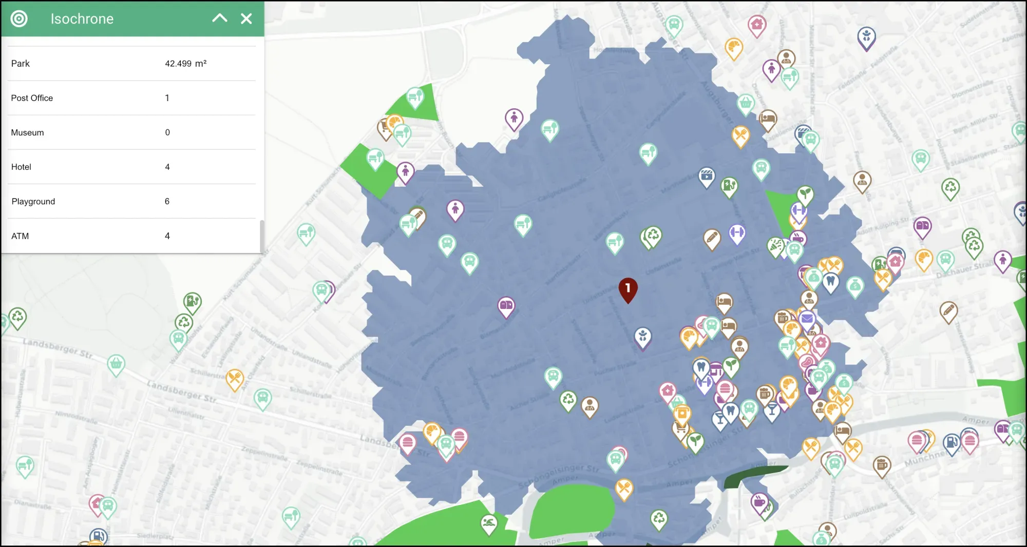 Map of point of interest within 10 minute walking distance from the chosen starting
point