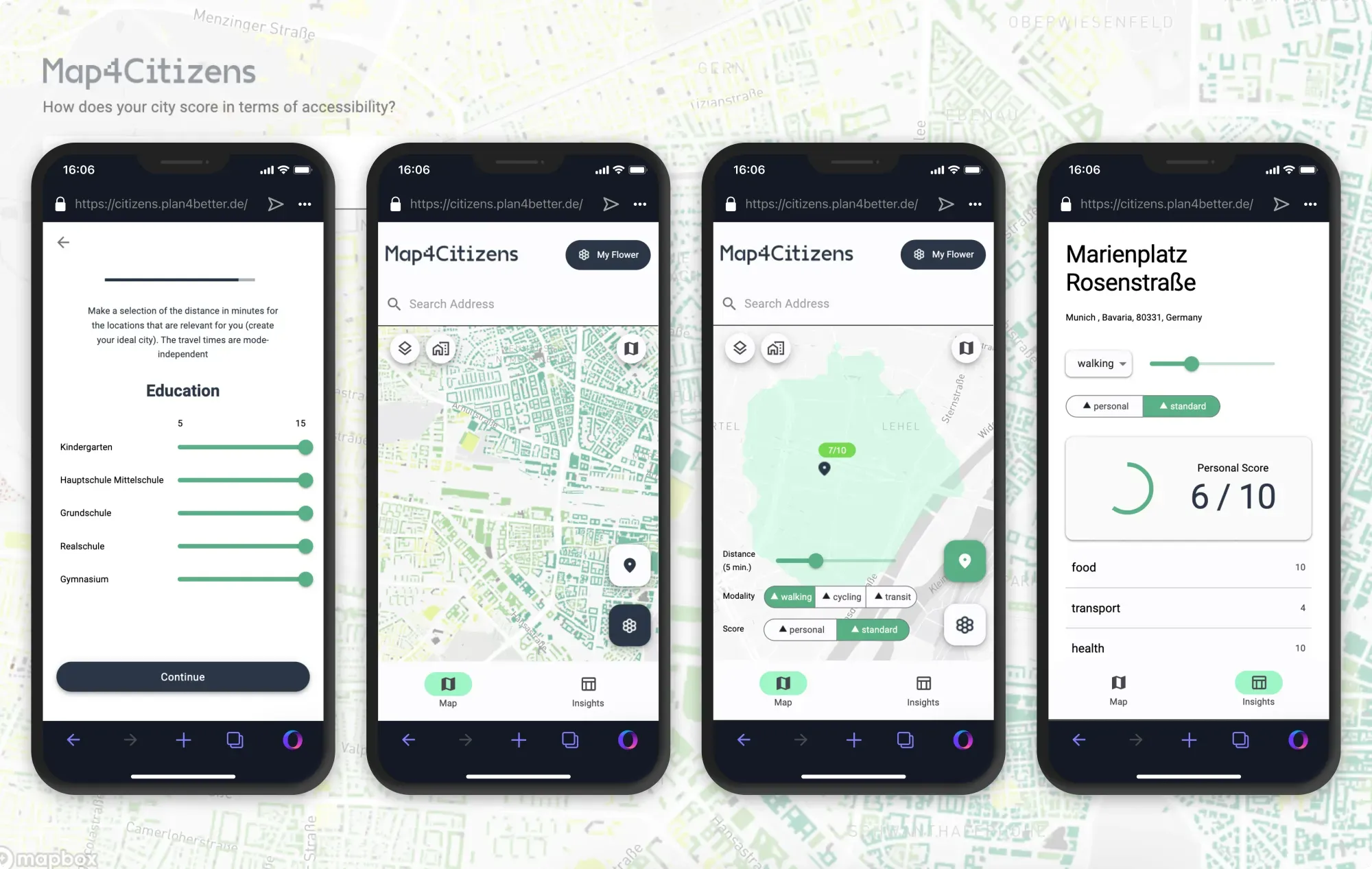 Map4Citizens mobile version mockups showing different
functionalities