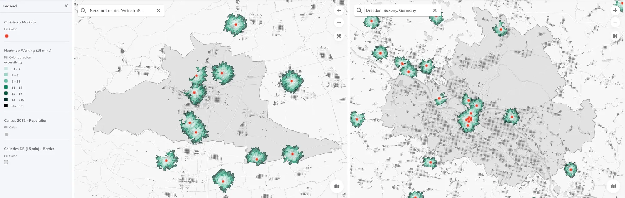 Dresden-Neustadt: clustered blue points showing which Christmas markets are reachable on foot