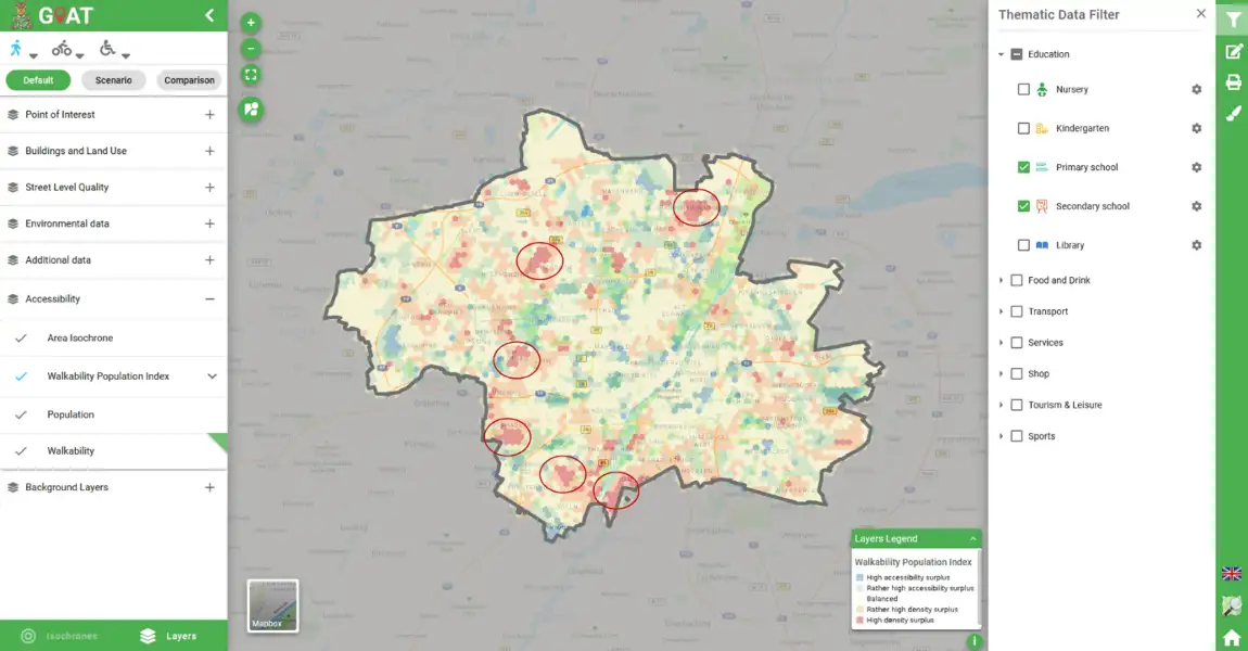 GOAT Map showing comparison of accessibility and population density for schools
