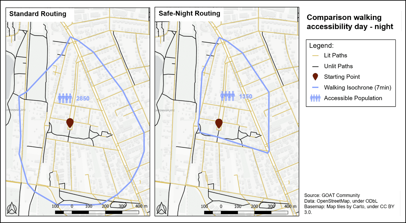 Walking accessibility using standard and safe-night routing compared