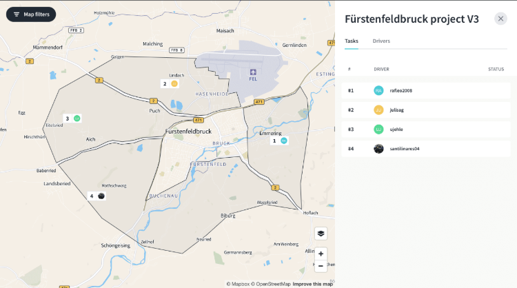 Area of Fürstenfeldbruck devided by tasks and assigements in Mapillary Driver.