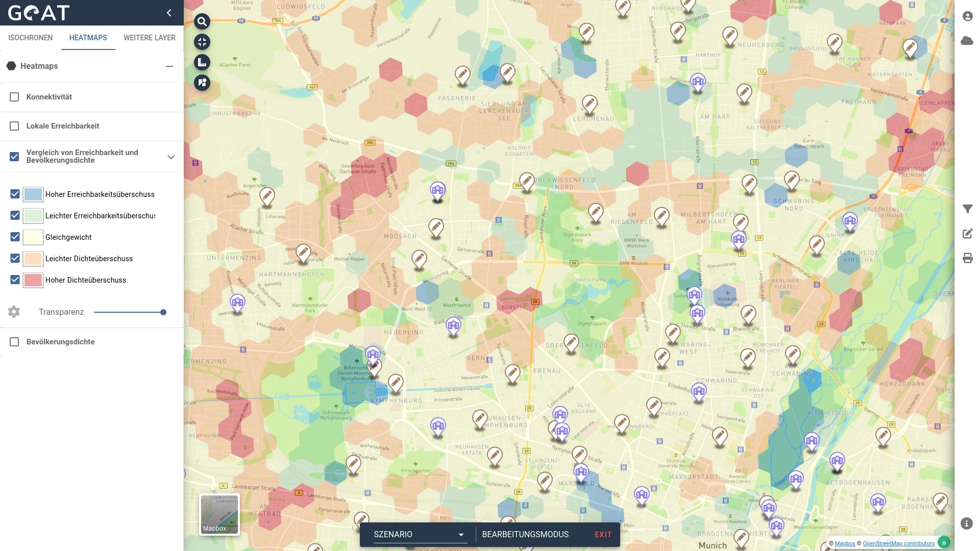 GOAT Heatmap - Gegenüberstellung Erreichbarkeit und Bevölkerungsdichte